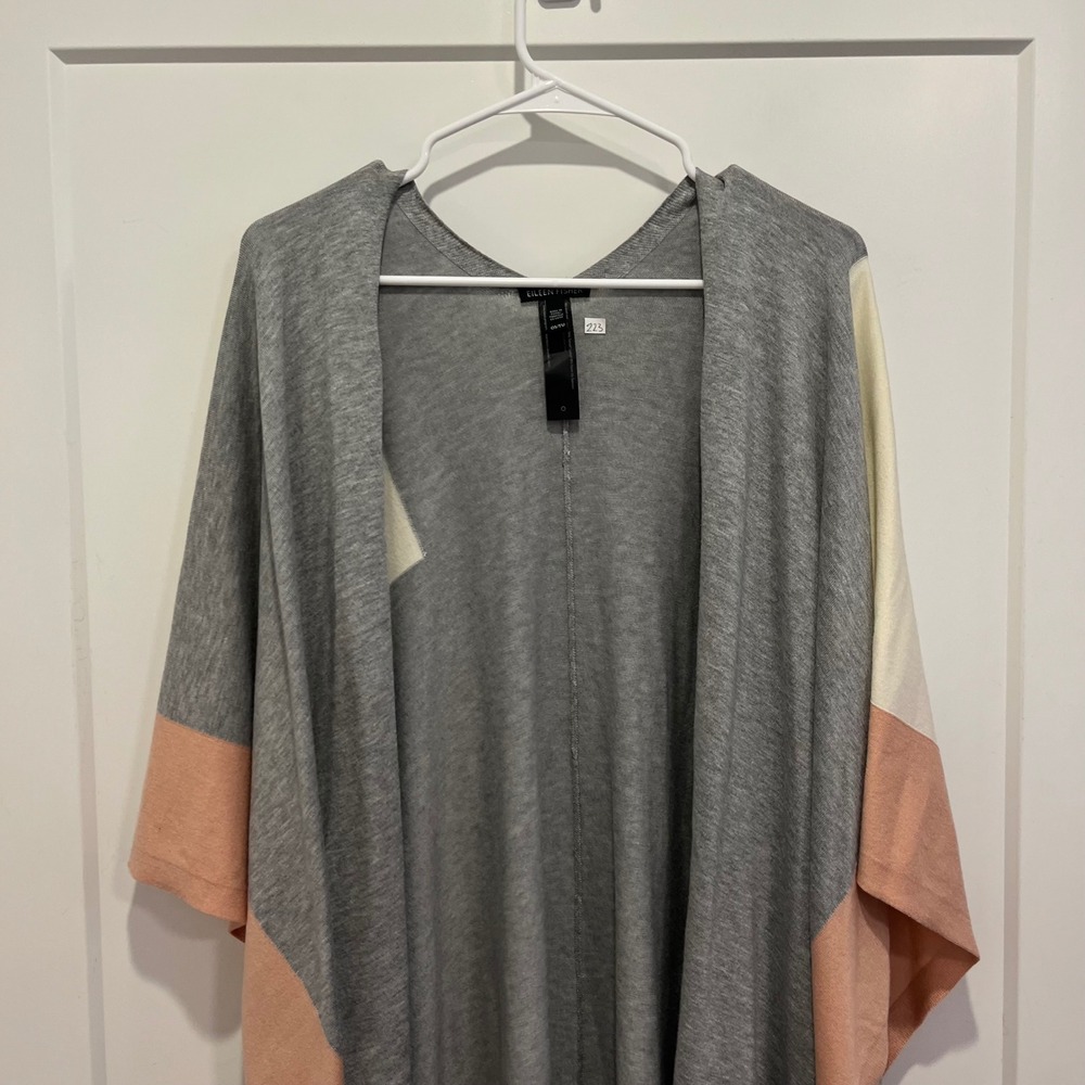 Eileen‎ Fisher Colorblock Open Front Poncho Cardigan Grey Peach OS F18DXT - Picture 3 of 6